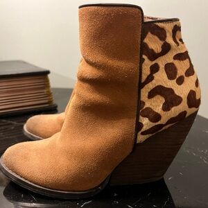 Very Volatile Tan Calf Hair Heeled Boots with Wedge Heel and Leopard Print